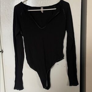 Free People Medium Black‎ 100% Cotton Long Sleeve Thong Snap Body Suit